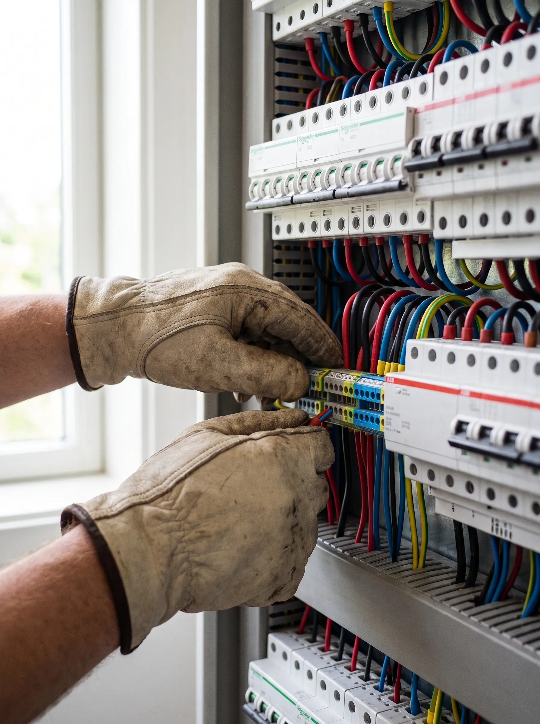 Mains d’un électricien raccordant proprement un tableau électrique moderne